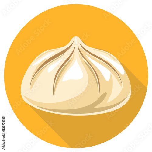 Simple illustration of a steamed dumpling with shadow on a yellow circle background