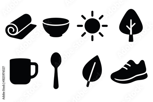 Set of simple silhouette icons: nature, food, and sports essentials
