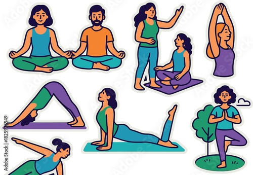 Colorful yoga stickers showing various poses in cartoon style for health and fitness enthusiasts