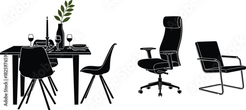 Modern dining table setup with elegant chairs, office chair and lounge chair furniture silhouettes for interior design and home decor illustration