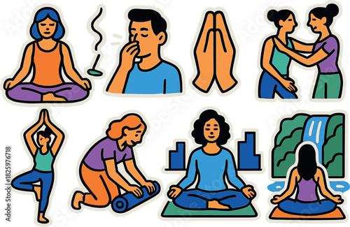 Wellness and meditation activities featuring diverse characters in vibrant colorful style
