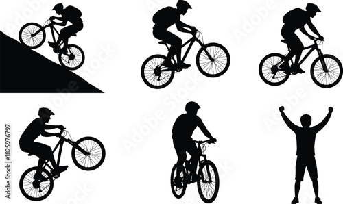 Mountain biking silhouette set featuring cyclists riding uphill, jumping, downhill, stunt tricks, adventure biking and outdoor sports action for active lifestyle illustrations