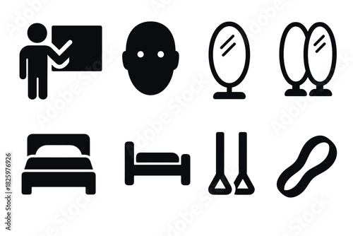 Minimalist icon set: teaching, face, mirrors, bed, gym rings, slipper