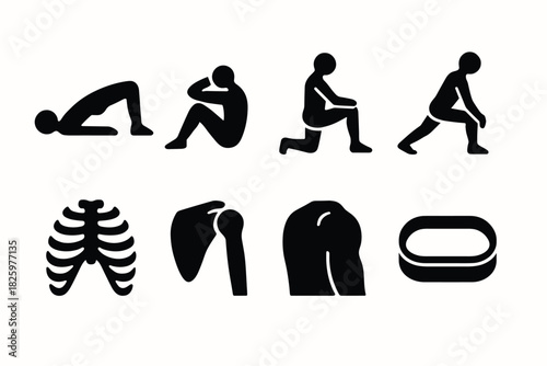 Black silhouette exercise poses with human anatomy icons for fitness and health