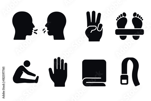 Silhouette icons of communication, fitness exercise, and wellness symbols