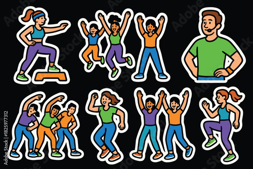 Energetic dance and aerobics stickers featuring diverse group in colorful outfits