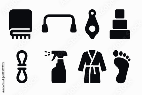 Monochrome fitness and spa icons: towel, resistance band, trigger point, stones, robe, footprint