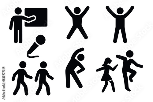 Silhouette icons of people dancing, exercising, and presenting