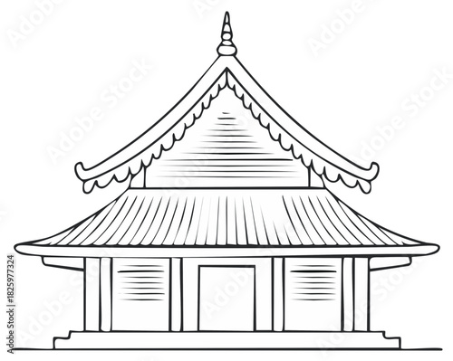 Traditional Asian temple line art illustration. Hand drawn sketch of a Japanese pagoda building.