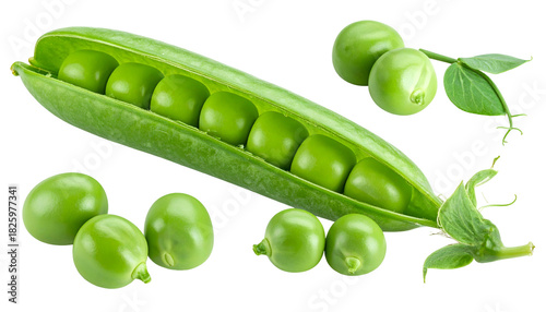 Close-up studio shot of a pod partially opened, revealing round green peas, with others scattered around