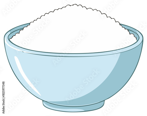 Full light blue ceramic bowl overflowing with fine white sugar