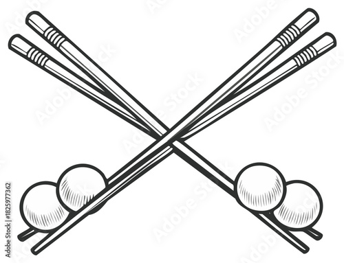 Chopsticks with dumplings, vintage drawing, Asian cuisine concept.