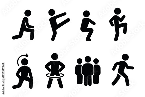 Silhouette icons of workout and exercise poses for health and fitness