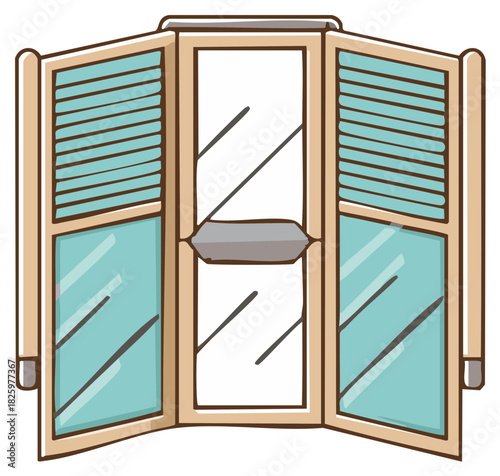 Cartoon illustration of an open wooden window with louvered shutters