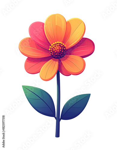 Stylized pink-orange flower with detailed center, blue stem