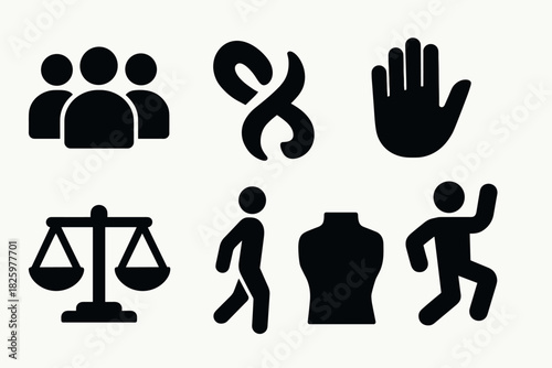 Minimalist icons of people, symbols, and objects in black silhouette style