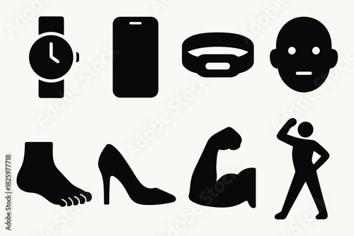 Minimalist black silhouette icons of everyday objects and people