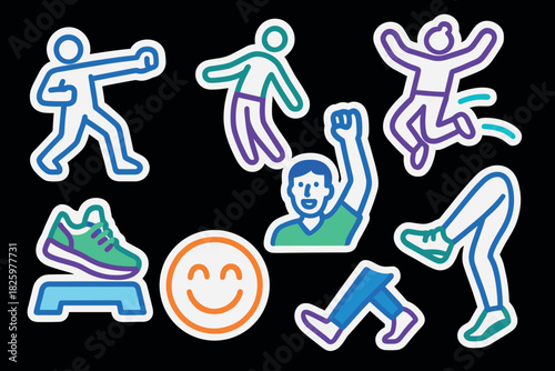 Colorful fitness icons featuring active poses and sports equipment