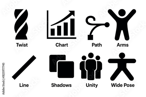 Silhouette business growth and teamwork icons with dynamic poses and graphs