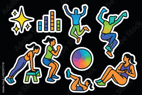 Colorful fitness and exercise stickers featuring energetic workout poses on black background