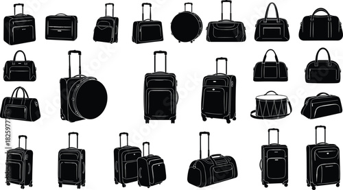 Silhouette collection of travel luggage, suitcases, duffel bags, trolley bags, handbags, and carry-on cases for vacation, journey, tourism, airport use