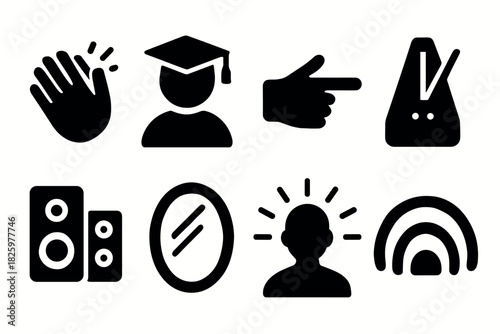 Essential black icons set: hand gestures, education cap, and music symbols
