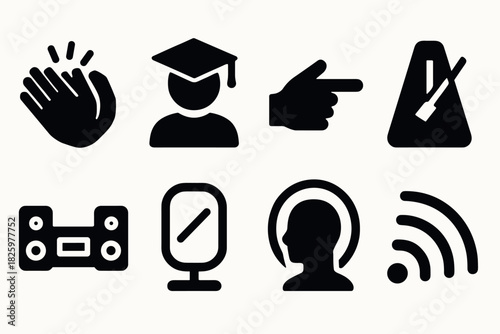 Silhouette icons: clapping, graduation hat, pointer hand, metronome, game controller, microphone, headphones, wifi
