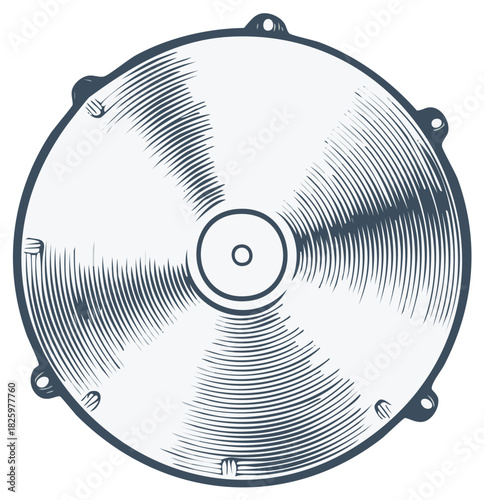 Circular illustration of a mechanical part with textured grooves, and mounting holes, isolated.