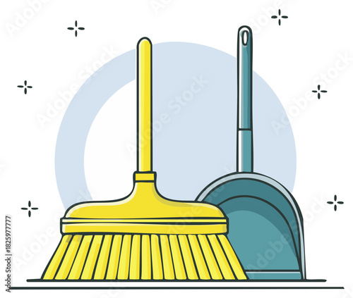 Broom and Dustpan Cartoon Illustration Equipment for Cleaning Supplies Still Life