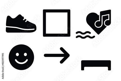 Simple black icons: shoe, square, heartbeat with music, smiley face, arrow, rectangle