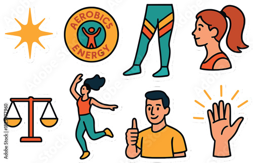 Energetic fitness stickers with aerobics elements