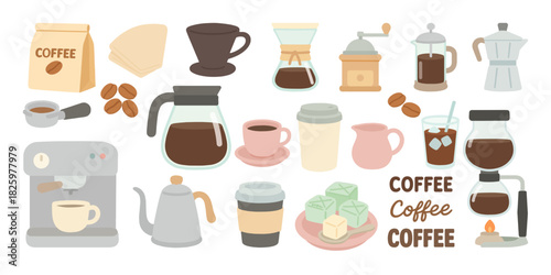 コーヒー器具とカフェアイテムのイラストセット、Coffee Equipment and Café Items Illustration Set