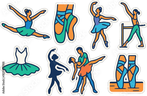 Colorful ballet stickers featuring dancers in artistic poses and ballet shoes