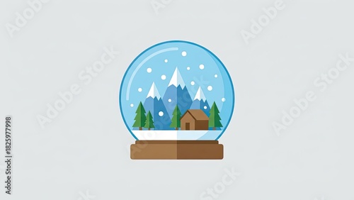 Snow Globe Winter Landscape Mountain Forest Cabin Snowfall Vector Illustration