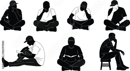 Silhouette men sitting thinking reading in different poses, contemplative male figures, casual clothing illustration for meditation reflection study concepts