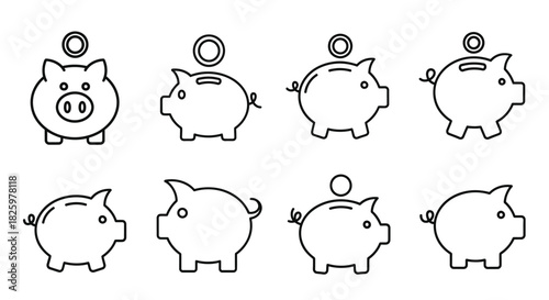 Outline piggy bank icons with coins representing savings and investment