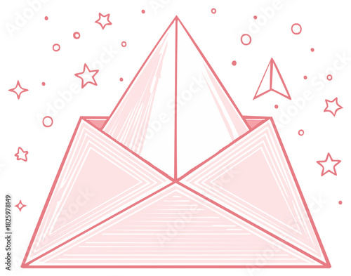Pink open envelope with a paper airplane and stars symbolizing digital message or online communication