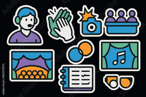 Colorful communication and media stickers featuring music and theater elements