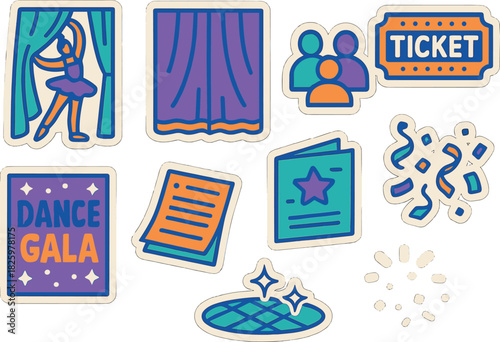 Colorful theater event icons set with dance, music, and celebration elements