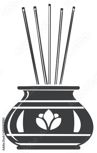 Graphic icon of aromatic incense sticks in a traditional pot with a lotus flower design