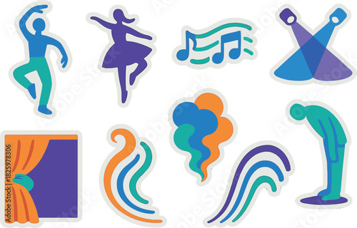 Performing arts stickers with dancers, music, and theatrical elements on gradient background