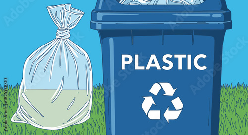 A clear plastic bag filled with liquid is shown next to a blue recycling bin, advocating for proper plastic waste disposal and environmental protection.