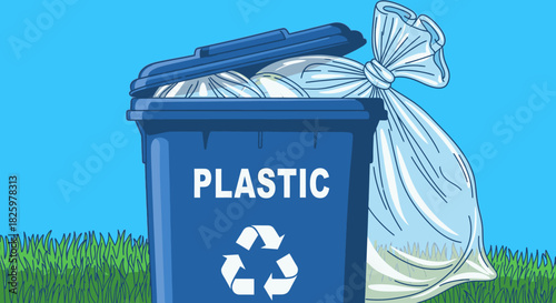 A blue recycling bin overflowing with discarded plastic bags highlights the critical importance of proper waste management and environmental conservation efforts.