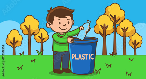 A young boy is actively participating in environmental protection by responsibly recycling a plastic bottle into a designated bin in a park setting.