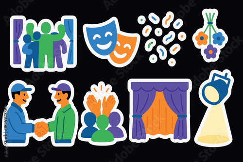 Colorful theater icons: comedy masks, applause, curtains, stage lights, and celebratory elements