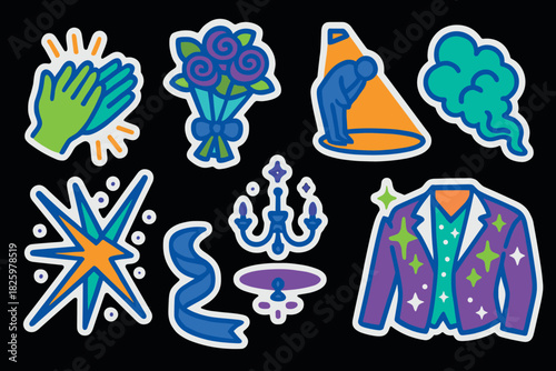 Vibrant sticker set featuring clapping hands, floral bouquet, and colorful icons