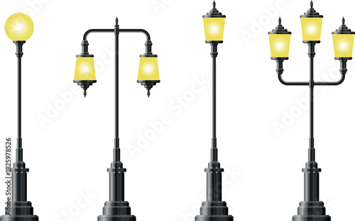 Retro lamp posts with bright yellow glow vector