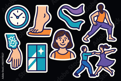 Colorful fitness and dance icons with yoga and clock design