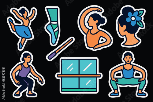 Stylish ballet elements stickers: dancers, poses, accessories in bold colors