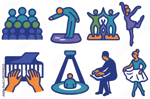 Diverse performing arts sticker set featuring dance, music, and theater in bold colors